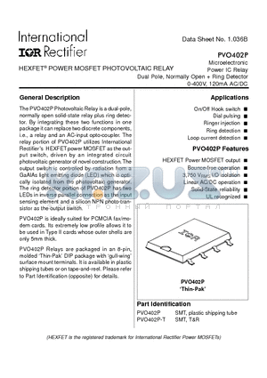 PVO402 datasheet - POWER MOSFET PHOTOVOLTAIC RELAY Microelectronic Power IC Relay Dual Pole, Normally Open  Ring Detector 0-400V, 120mA AC/DC