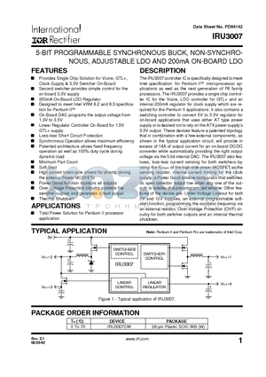 IRU3007CW datasheet - 5-BIT PROGRAMMABLE SYNCHRONOUS BUCK, NON-SYNCHRONOUS,ADJUSTABLE LDO AND 200mA ON-BOARD LDO