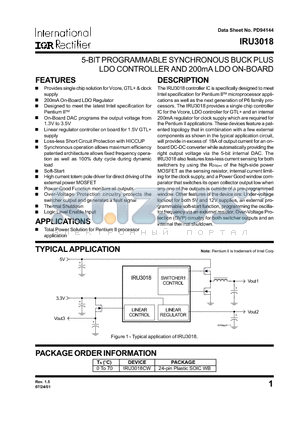 IRU3018 datasheet - 5-BIT PROGRAMMABLE SYNCHRONOUS BUCK PLUS LDO CONTROLLER AND 200mA LDO ON-BOARD