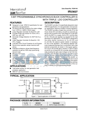 IRU3027CW datasheet - 5-BIT PROGRAMMABLE SYNCHRONOUS BUCK CONTROLLER IC WITH TRIPLE LDO CONTROLLER