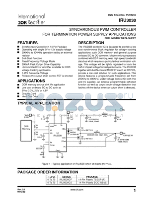 IRU3038 datasheet - SYNCHRONOUS PWM CONTROLLER FOR TERMINATION POWER SUPPLY APPLICATIONS