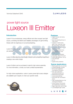 LXHL-DH09 datasheet - Combining the lifetime and reliability Advantages of Light Emitting Diodes with the Brightness of conventional lighting.