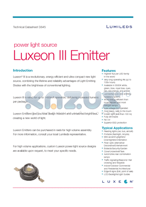 LXHL-DB09 datasheet - Combining the lifetime and reliability Advantages of Light Emitting Diodes with the Brightness of conventional lighting.