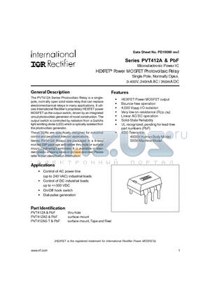 PVT412AS datasheet - Microelectronic Power IC HEXFET Power MOSFET Photovoltaic Relay Single Pole, Normally Open, 0-400V, 240mA AC / 360mA DC