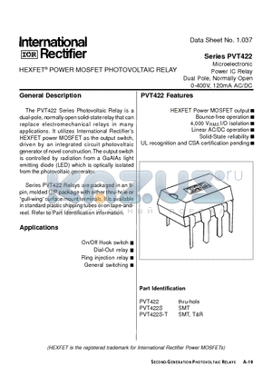 PVT422 datasheet - Microelectronic Power IC Relay Dual Pole, Normally Open 0-400V, 120mA AC/DC