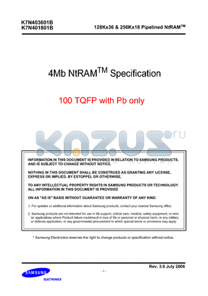 K7N401801B-QI13 datasheet - 128Kx36 & 256Kx18 Pipelined NtRAM
