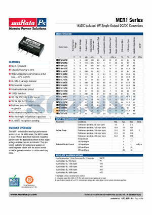 MER1 datasheet - 1kVDC Isolated 1W Single Output DC/DC Converters