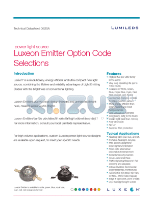 LXHL-DW01-00F datasheet - power light source Luxeon Emitter Option Code Selections