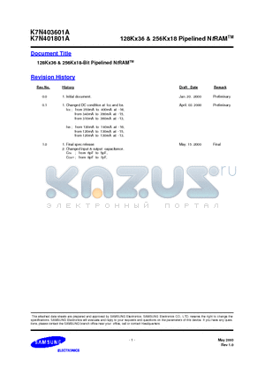 K7N403601A datasheet - 128Kx36 & 256Kx18-Bit Pipelined NtRAMTM