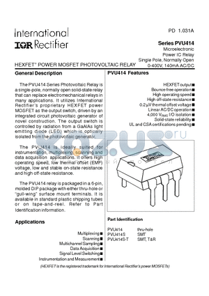 PVU414 datasheet - Microelectronic Power IC Relay Single Pole, Normally Open 0-400V, 140mA AC/DC