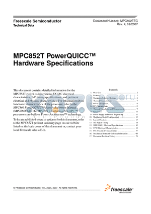 MPC852TVR100 datasheet - Hardware Specifications