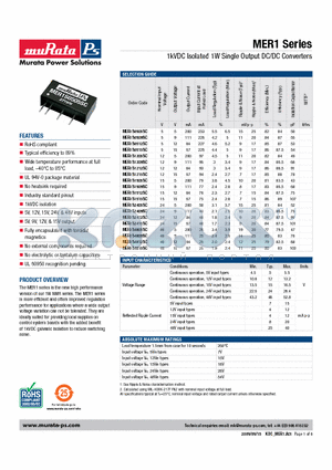 MER1S0515SC datasheet - 1kVDC Isolated 1W Single Output DC/DC Converters