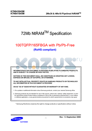 K7N641845M datasheet - 2Mx36 & 4Mx18 Pipelined NtRAM