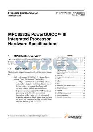 MPC8533CHXALXB datasheet - PowerQUICC III Integrated Processor Hardware Specifications