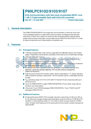 P89LPC9107FDH datasheet - 8-bit microcontrollers with two-clock accelerated 80C51 core 1 kB 3 V byte-erasable flash with 8-bit A/D converter