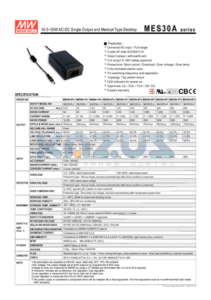 MES30A-4P1J datasheet - 16.5~30WAC-DC Single Output and Medical Type Desktop