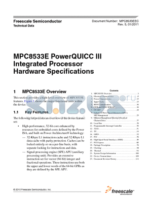 MPC8533E datasheet - MPC8533E PowerQUICC III Integrated Processor Hardware Specifications