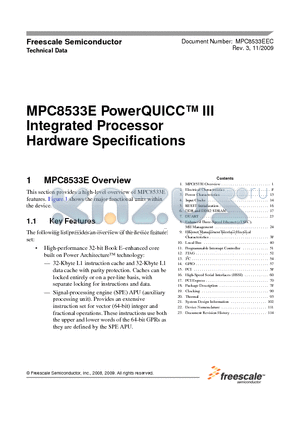 MPC8533ECHXARGB datasheet - PowerQUICC III Integrated Processor Hardware Specifications