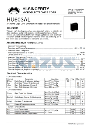 HU603AL datasheet - N-Channel Logic Level Enhancement Mode Field Effect Transistor