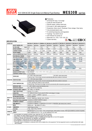 MES30B-1P1J datasheet - 16.5~30WAC-DC Single Output and Medical Type Desktop