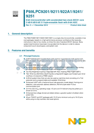 P89LPC922A1 datasheet - 8-bit microcontroller with accelerated two-clock 80C51 core 2 kB/4 kB/8 kB 3 V byte-erasable flash with 8-bit ADC