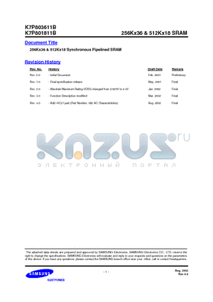 K7P801811B datasheet - 256Kx36 & 512Kx18 Synchronous Pipelined SRAM