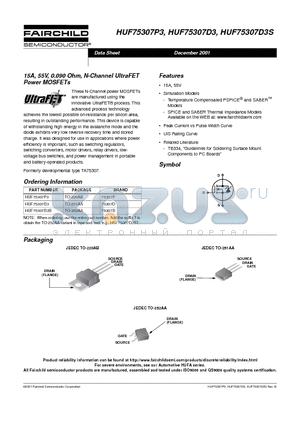 HUF75307D3 datasheet - 15A, 55V, 0.090 Ohm, N-Channel UltraFET Power MOSFETs