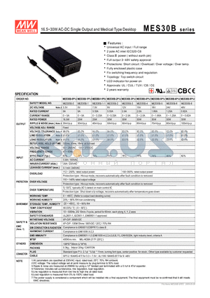 MES30B-6P1J datasheet - 16.5~30WAC-DC Single Output and Medical Type Desktop