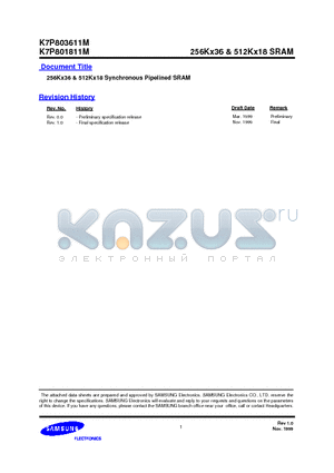 K7P803611M datasheet - 256Kx36 & 512Kx18 SRAM