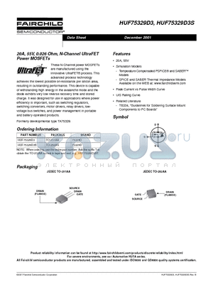 HUF75329D3S datasheet - 20A, 55V, 0.026 Ohm, N-Channel UltraFET Power MOSFETs