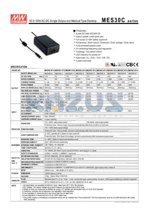 MES30C-1-1P1J datasheet - 16.5~30WAC-DC Single Output and Medical Type Desktop