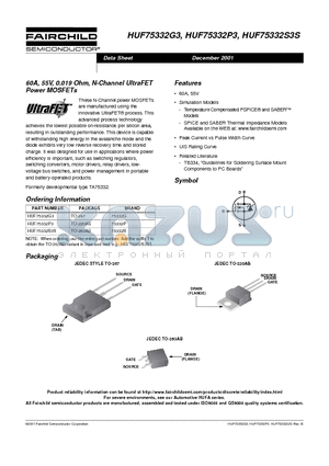 HUF75332P3 datasheet - 60A, 55V, 0.019 Ohm, N-Channel UltraFET Power MOSFETs