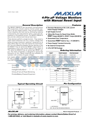 MAX811-MAX812 datasheet - 4-Pin lP Voltage Monitors with Manual Reset Input