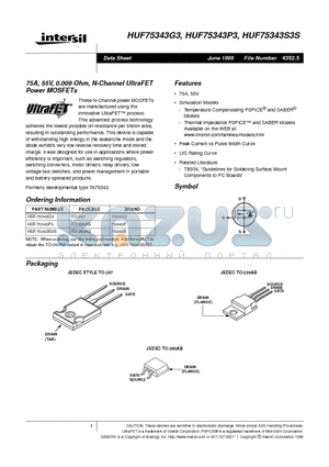 HUF75343P3 datasheet - 75A, 55V, 0.009 Ohm, N-Channel UltraFET Power MOSFETs