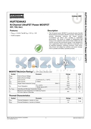 HUF75344A3 datasheet - N-Channel UltraFET Power MOSFET 55V, 75A, 8mY