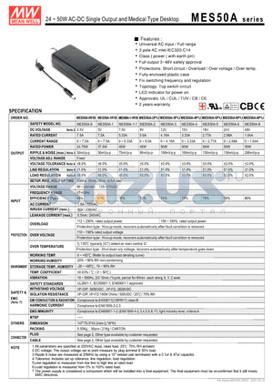 MES50A-8P1J datasheet - 24 ~ 50WAC-DC Single Output and Medical Type Desktop