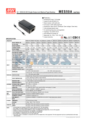 MES50A-8P1J datasheet - 24 ~ 50WAC-DC Single Output and Medical Type Desktop