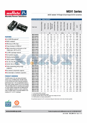 MEV1S0505SC datasheet - 3kVDC Isolated 1W Single & Dual Output DC/DC Converters