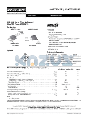 HUF75542S3S datasheet - 75A, 80V, 0.014 Ohm, N-Channel, UltraFET Power MOSFETs