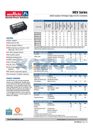 MEV1S0515SC datasheet - 3kVDC Isolated 1W Single Output DC/DC Converters
