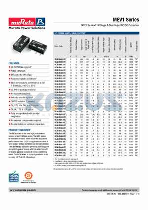 MEV1S1209SC datasheet - 3kVDC Isolated 1W Single & Dual Output DC/DC Converters