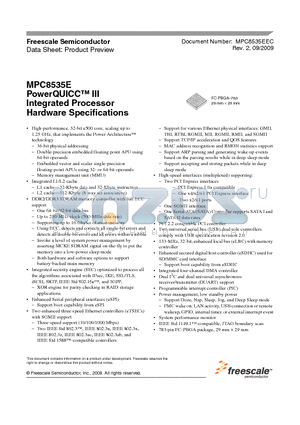 MPC8535EAVTAKG datasheet - PowerQUICC III Integrated Processor Hardware Specifications