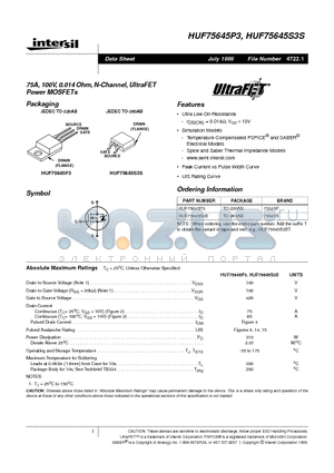 HUF75645P3 datasheet - 75A, 100V, 0.014 Ohm, N-Channel, UltraFET Power MOSFETs