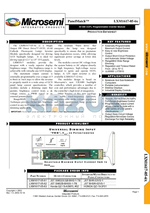 LXM1617-05-62 datasheet - 5V 6W CCFL Programmable Inverter Module