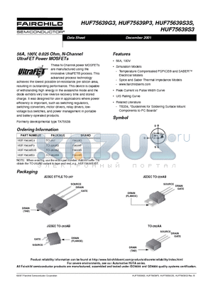 HUF75639S3 datasheet - 56A, 100V, 0.025 Ohm, N-Channel UltraFET Power MOSFETs