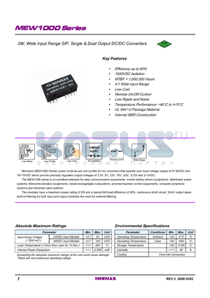 MEW1000 datasheet - 2W, Wide Input Range SIP, Single & Dual Output DC/DC Converters