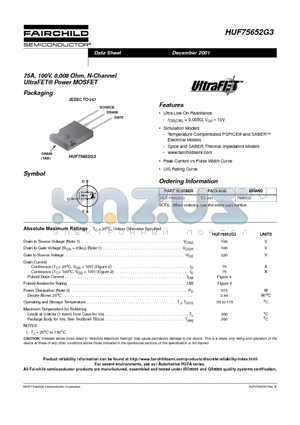 HUF75652G3 datasheet - 75A, 100V, 0.008 Ohm, N-Channel UltraFET Power MOSFET