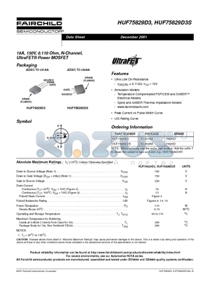 HUF75829D3 datasheet - 18A, 150V, 0.110 Ohm, N-Channel, UltraFET Power MOSFET