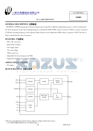 M5003 datasheet - EL LAMP DRIVER IC