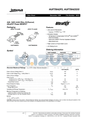HUF75842P3 datasheet - 43A, 150V, 0.042 Ohm, N-Channel, UltraFET Power MOSFET